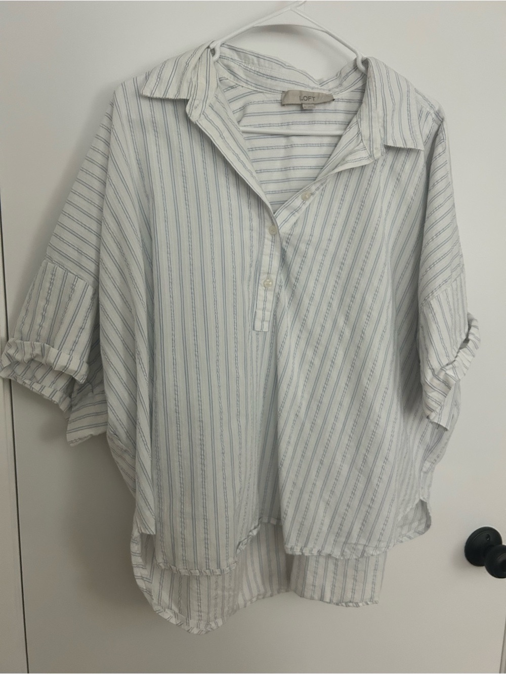 LOFT White Shirt with Light Blue Stripes - Relaxed Button-Down
